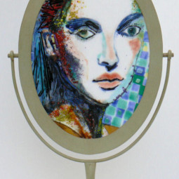 GIRL IN THE MIRROR, Painted and fused glass 12 x 9