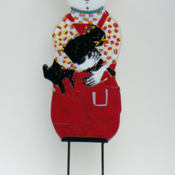 GIRL WITH A CAT, fused and painted glass