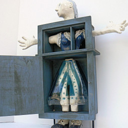 WOMAN IN A BOX, wood, fused and painted glass, ceramic