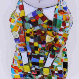 GLASS DOLL: Fused and painted glass, ceramic and metal