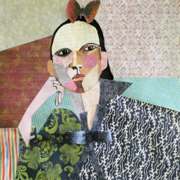 <em>WOMAN WITH KIMONO AND BUTTERFLY</em>, Watercolor and Collage, 30" x 22", 2020